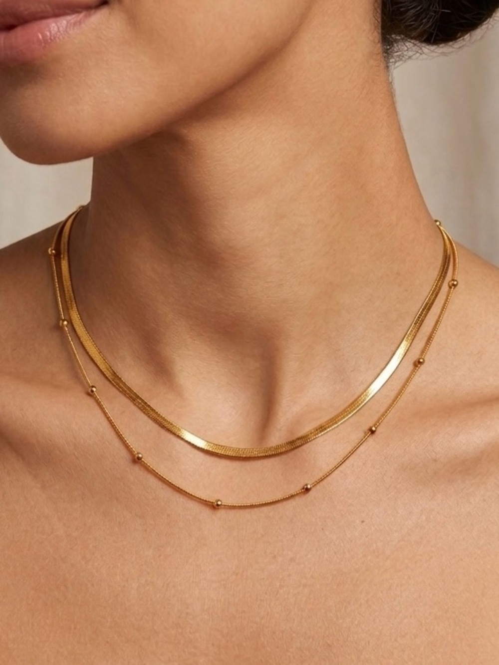 Gold Tone Double Layered Herringbone & Bead Chain Necklace | Stainless Steel